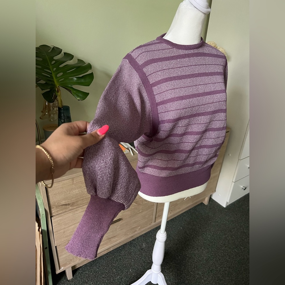 Vintage Pastel Purple Balloon Sleeve Striped Relaxed Fit Knit Modest Sweater M